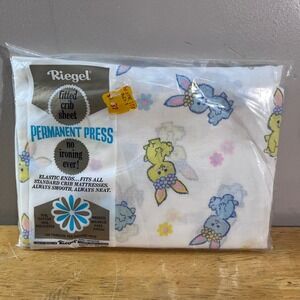Vtg Riegel Fitted Crib Sheet Blue Yellow Bunny Floral Permanent Press NOS